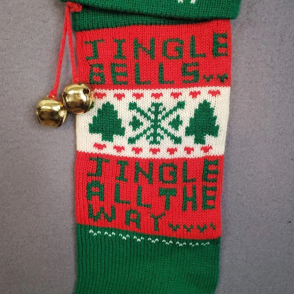 Vintage Knit Christmas Stocking Red White Green Jingle Bells All The Way 18